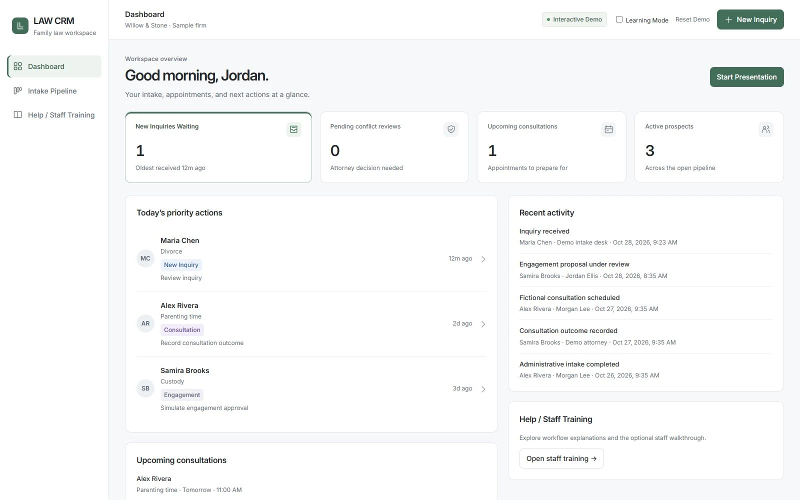 Legal CRM — Interactive Concept interface preview